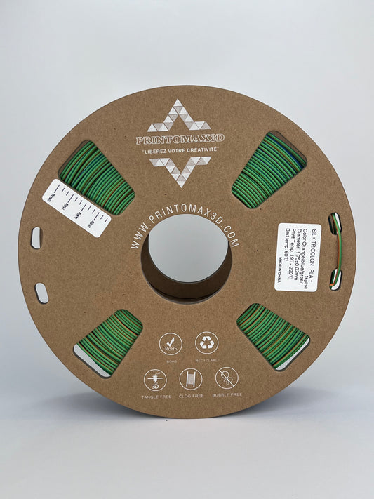 Bobine filament 3D PLA Silk Tricolor Orange/Blue/Green 1kg pour imprimante 1.75mm