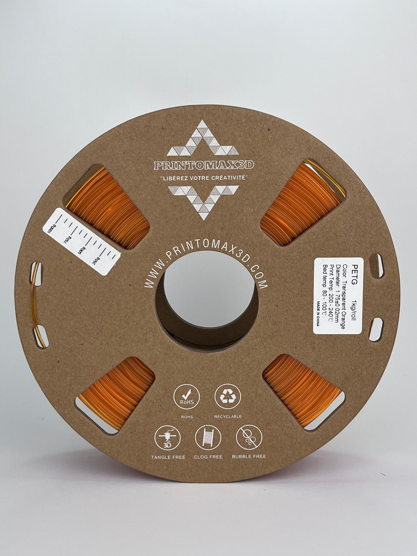 Filament 3D PETG - TRANSPARENT ORANGE - 1.75mm - 1Kg