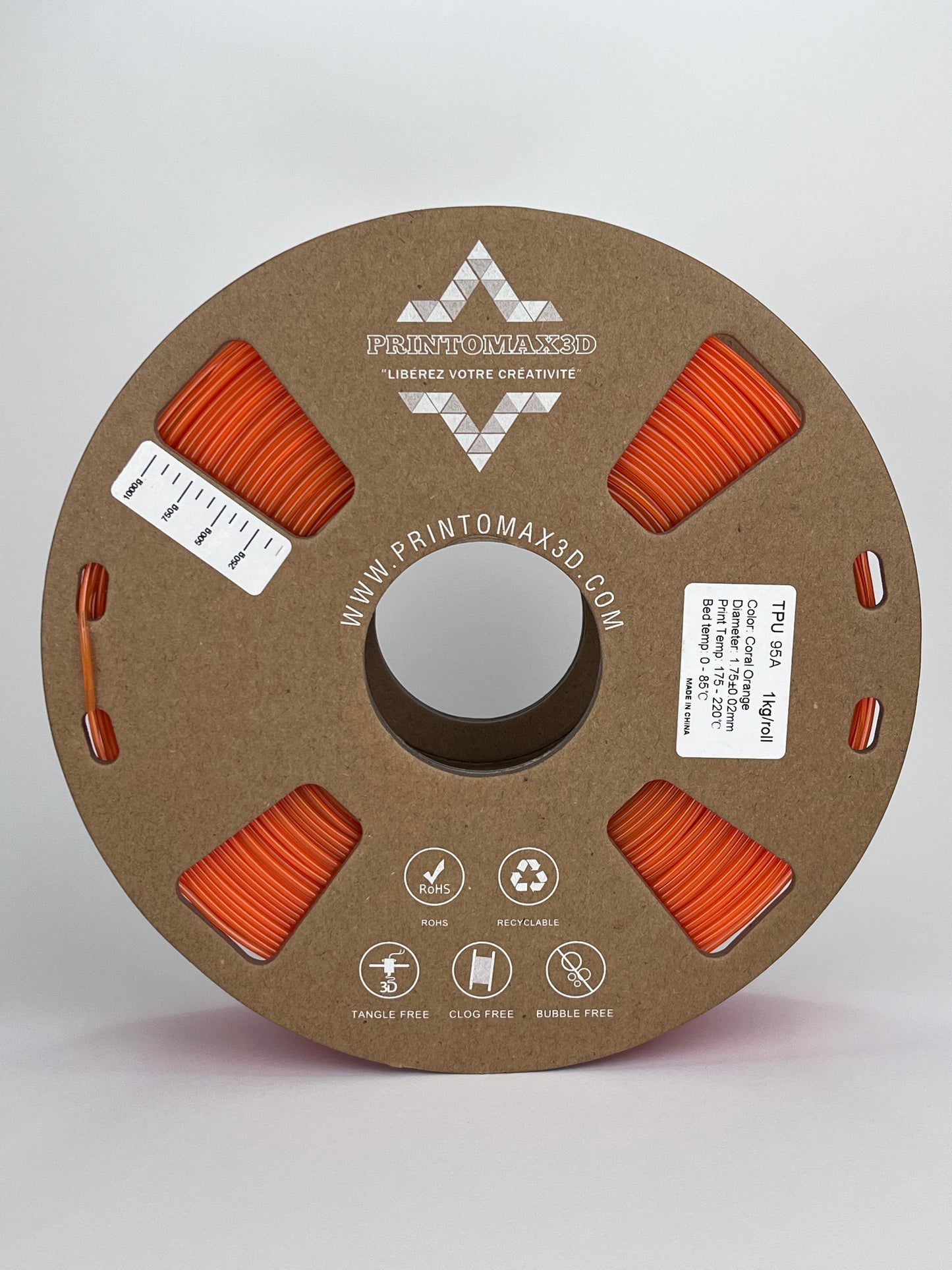 Filament 3D TPU 95A - CORAL ORANGE - 1.75mm - 1 Kg