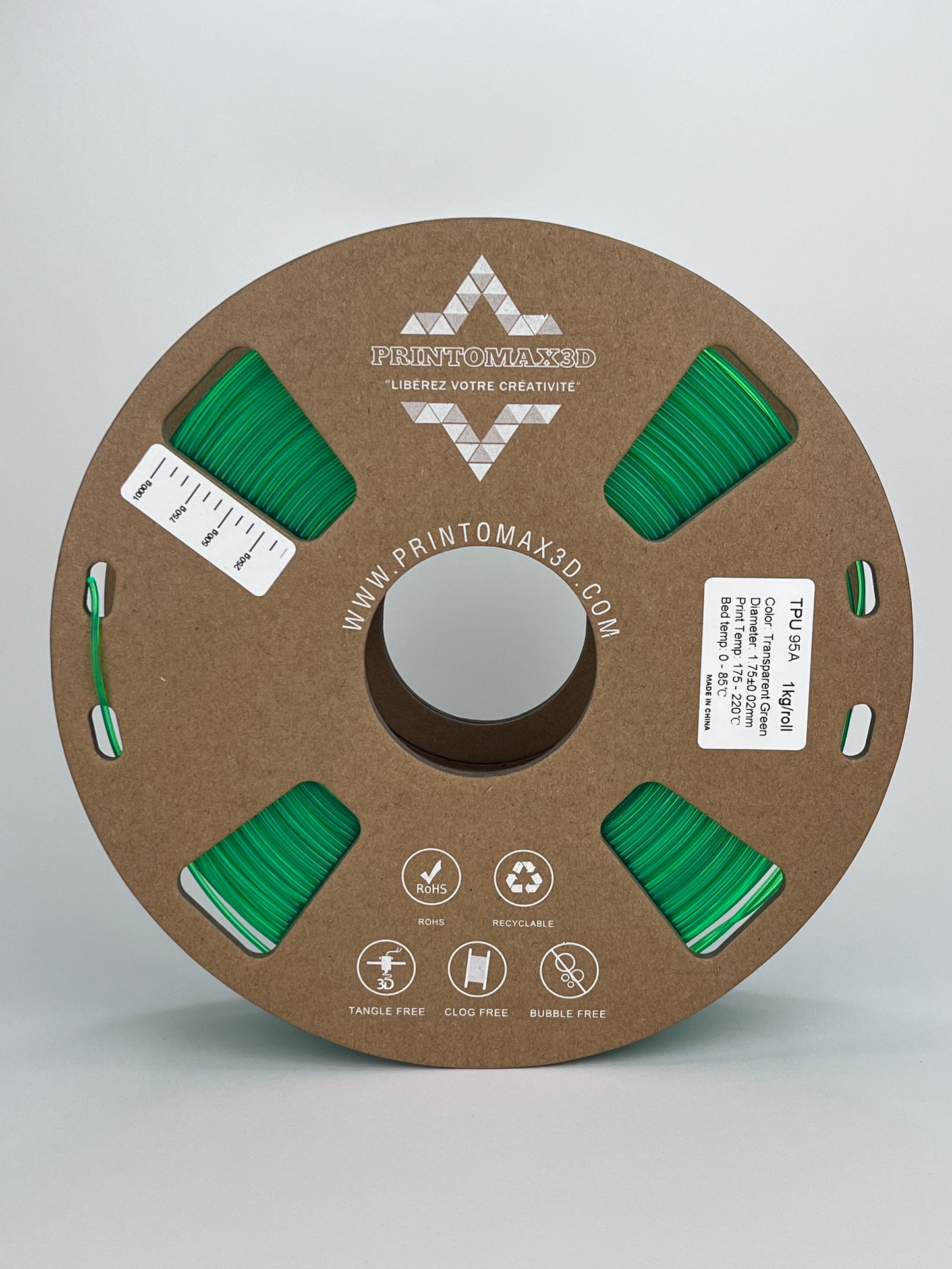 Filament 3D TPU 95A - TRANSPARENT GREEN - 1.75mm - 1 Kg