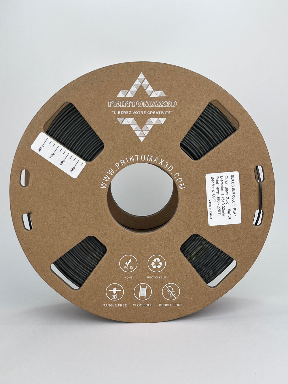 Bobine filament 3D PLA Silk Dualcolor Black/Gold 1kg pour imprimante 1.75mm