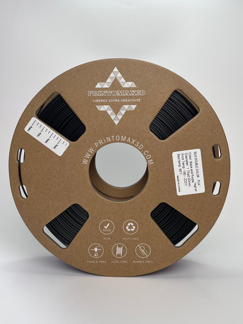 Bobine filament 3D PLA Silk Dualcolor Black/Purple 1kg pour imprimante 1.75mm