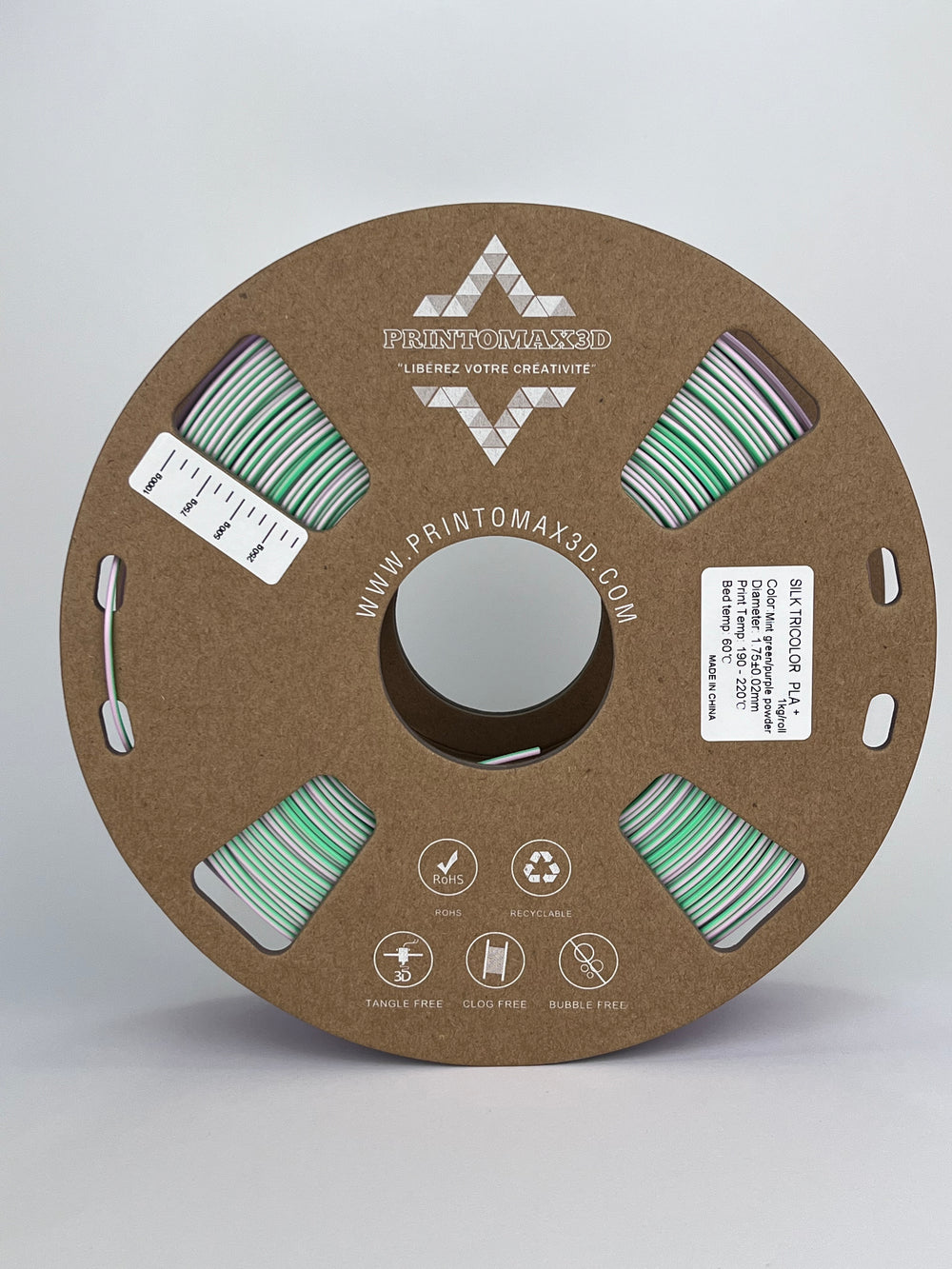 Bobine filament 3D PLA Silk Tricolor Mint Green/Purple/Powder 1kg pour imprimante 1.75mm