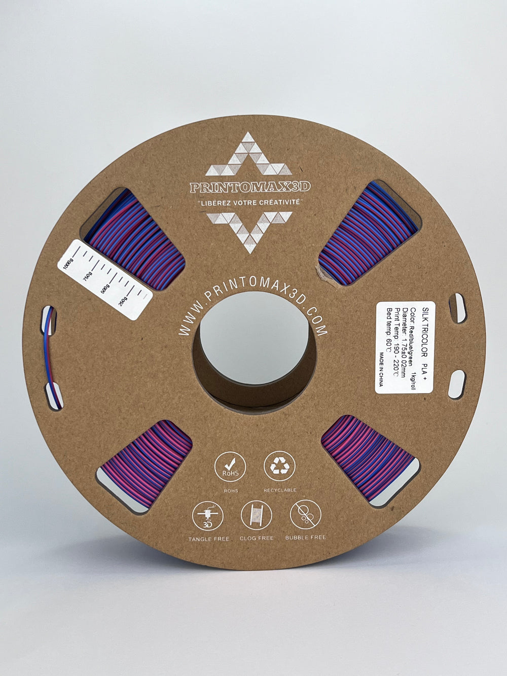 Bobine filament 3D PLA Silk Tricolor Red/Blue/Green 1kg pour imprimante 1.75mm