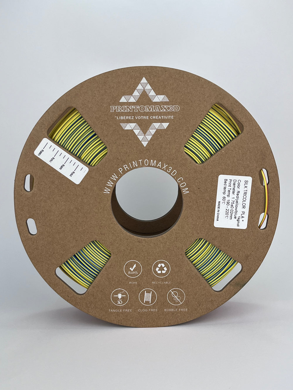 Bobine filament 3D PLA Silk Tricolor Red/Yellow/Blue 1kg pour imprimante 1.75mm