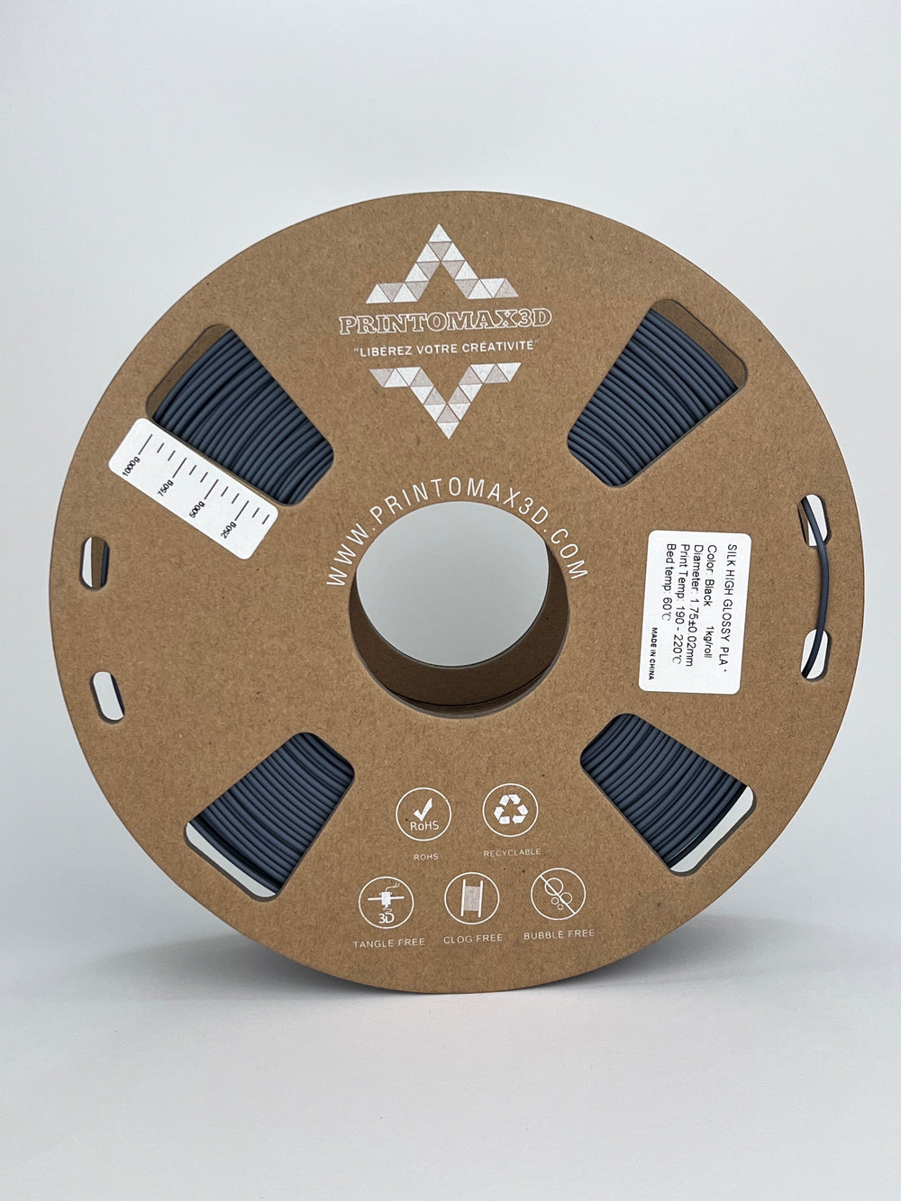 Bobine filament 3D PLA Silk Black 1kg pour imprimante 1.75mm