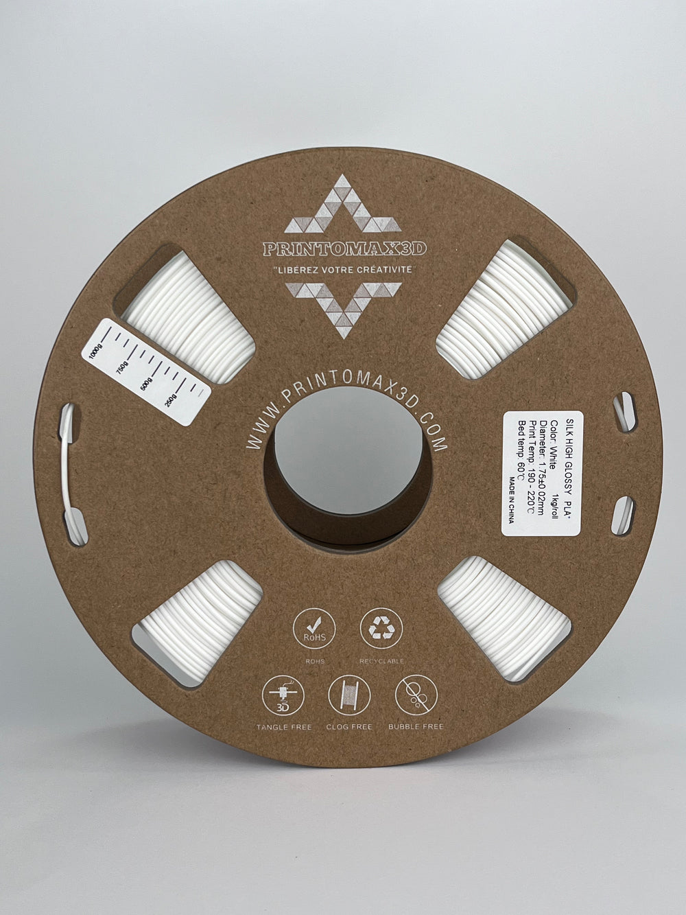 Bobine filament 3D PLA Silk Blanc 1kg pour imprimante 1.75mm