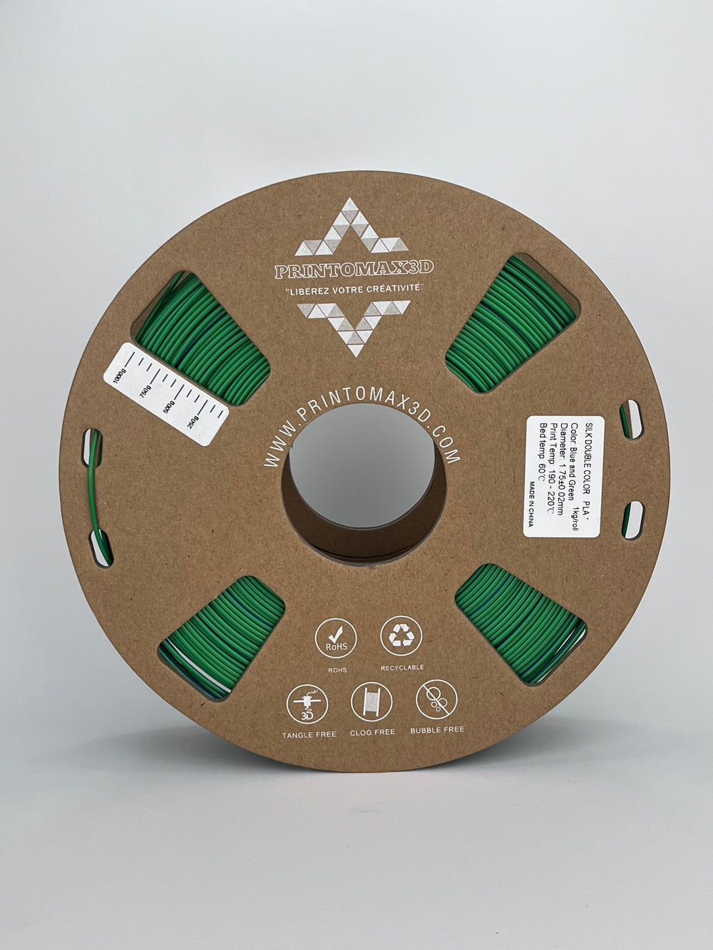 Bobine filament 3D PLA Silk Dualcolor Blue/Green 1kg pour imprimante 1.75mm