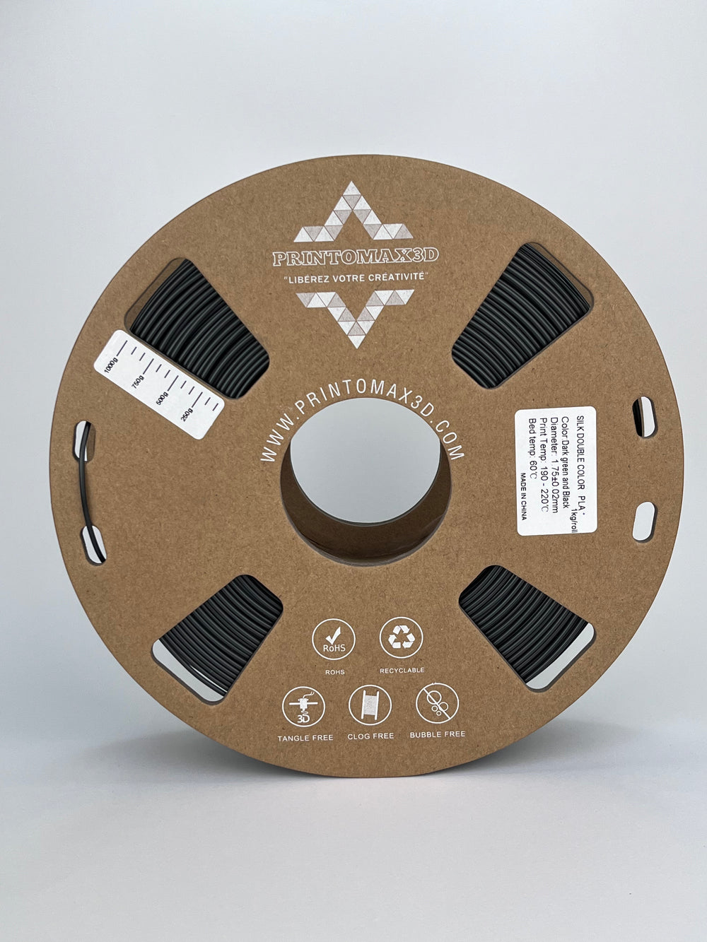 Bobine filament 3D PLA Silk Dualcolor Dark Green/Black 1kg pour imprimante 1.75mm