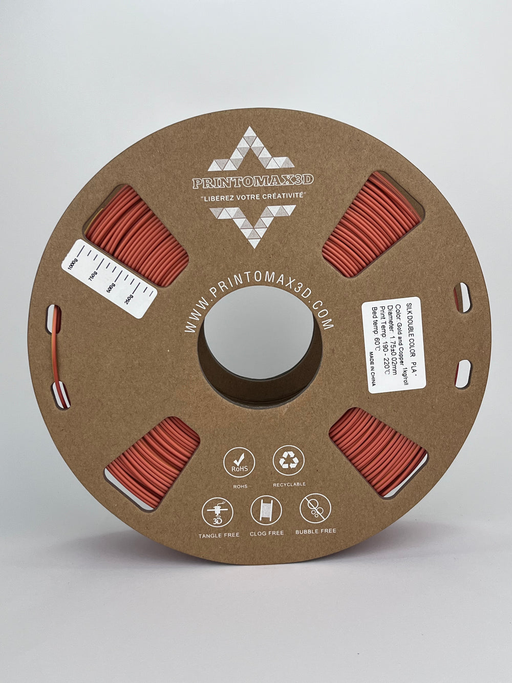 Bobine filament 3D PLA Silk Dualcolor Gold/Copper 1kg pour imprimante 1.75mm