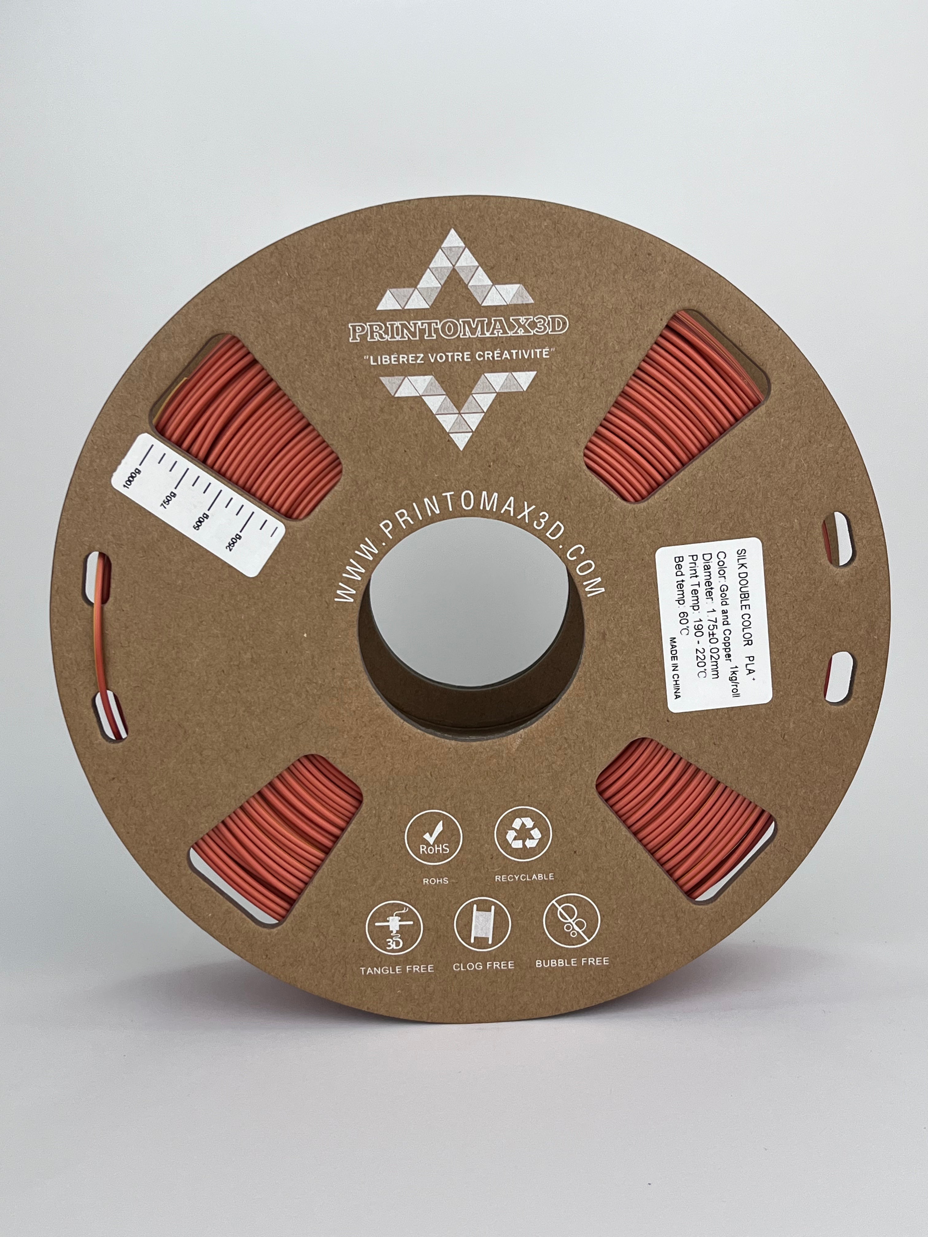 Bobine filament 3D PLA Silk Dualcolor Gold/Copper 1kg pour imprimante 1.75mm