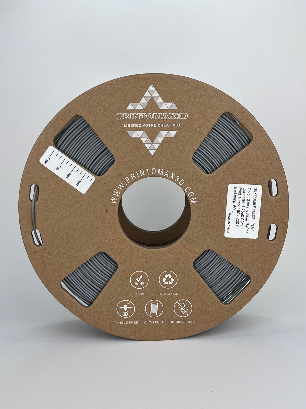 Bobine filament 3D PLA Silk Dualcolor Gold/Silver 1kg pour imprimante 1.75mm