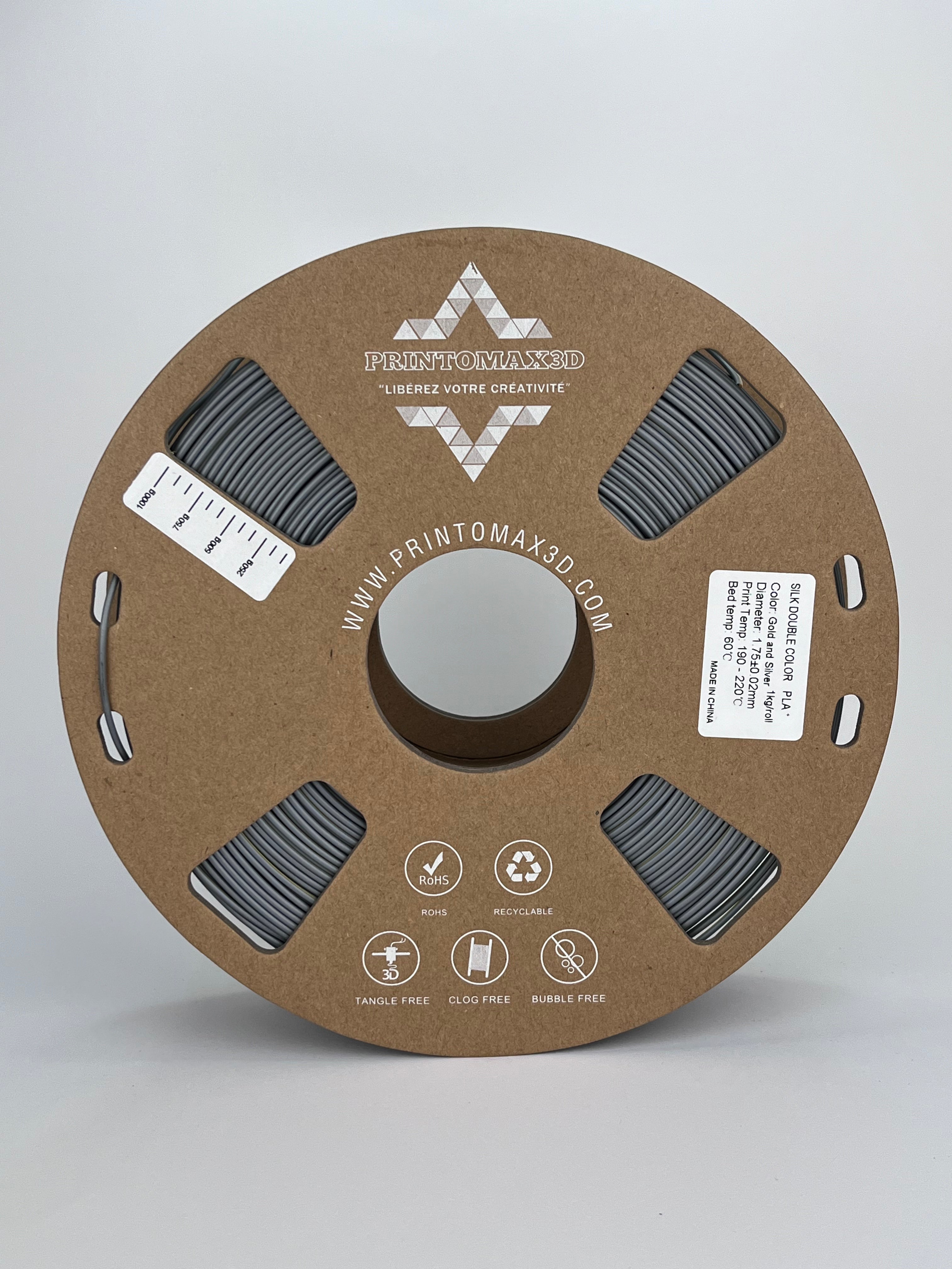 Bobine filament 3D PLA Silk Dualcolor Gold/Silver 1kg pour imprimante 1.75mm