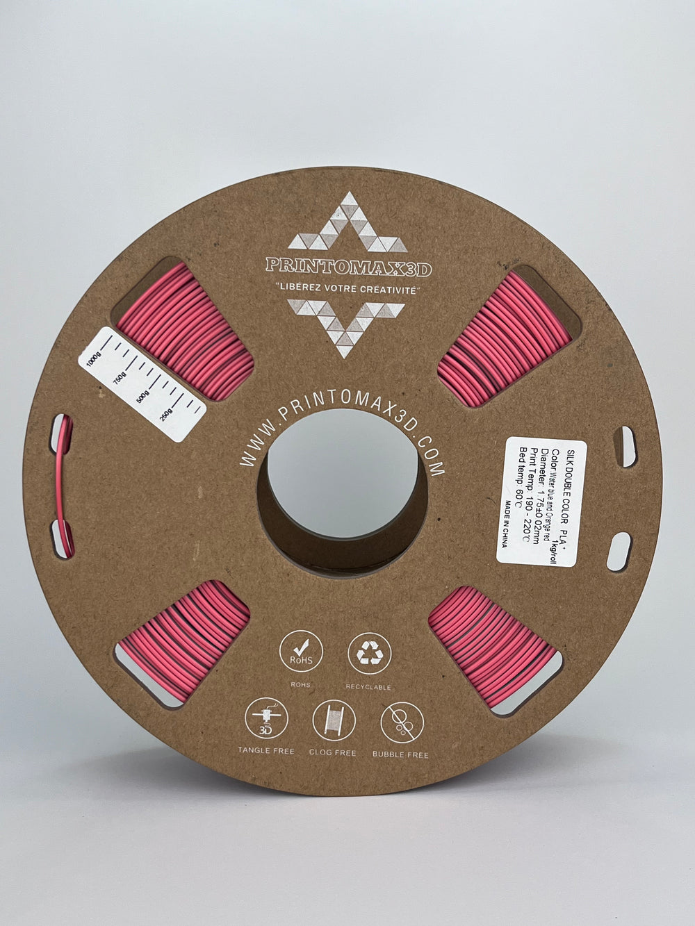 Bobine filament 3D PLA Silk Dualcolor Orange Red/Water Blue 1kg pour imprimante 1.75mm