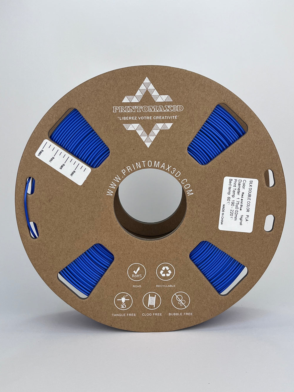 Bobine filament 3D PLA Silk Dualcolor Red/Blue 1kg pour imprimante 1.75mm