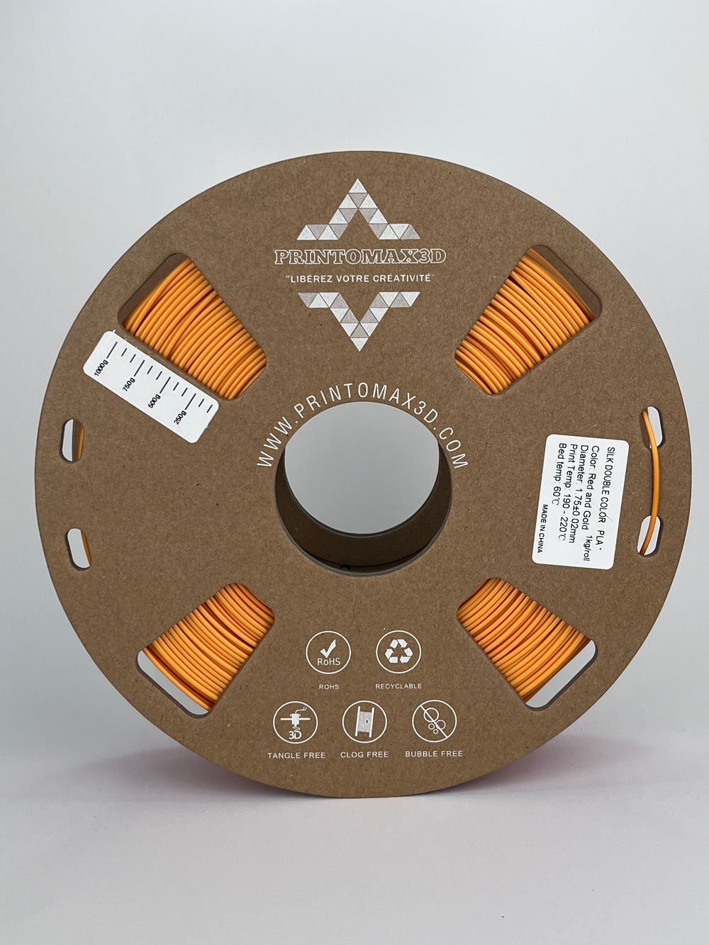 Bobine filament 3D PLA Silk Dualcolor Red/Gold 1kg pour imprimante 1.75mm