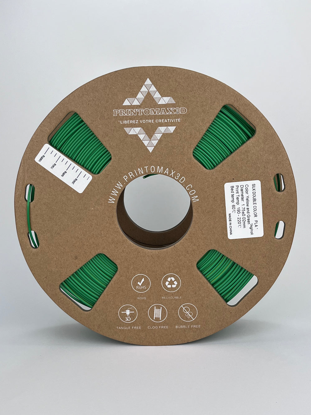 Bobine filament 3D PLA Silk Dualcolor Yellow/Green 1kg pour imprimante 1.75mm