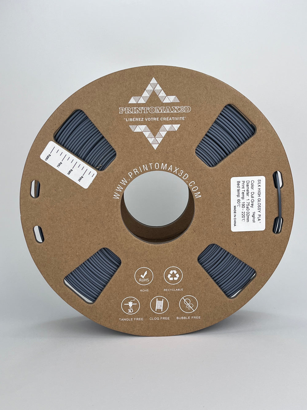 Bobine filament 3D PLA Silk Dull Grey 1kg pour imprimante 1.75mm