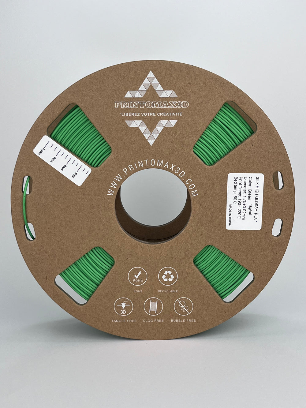 Bobine filament 3D PLA Silk Green 1kg pour imprimante 1.75mm