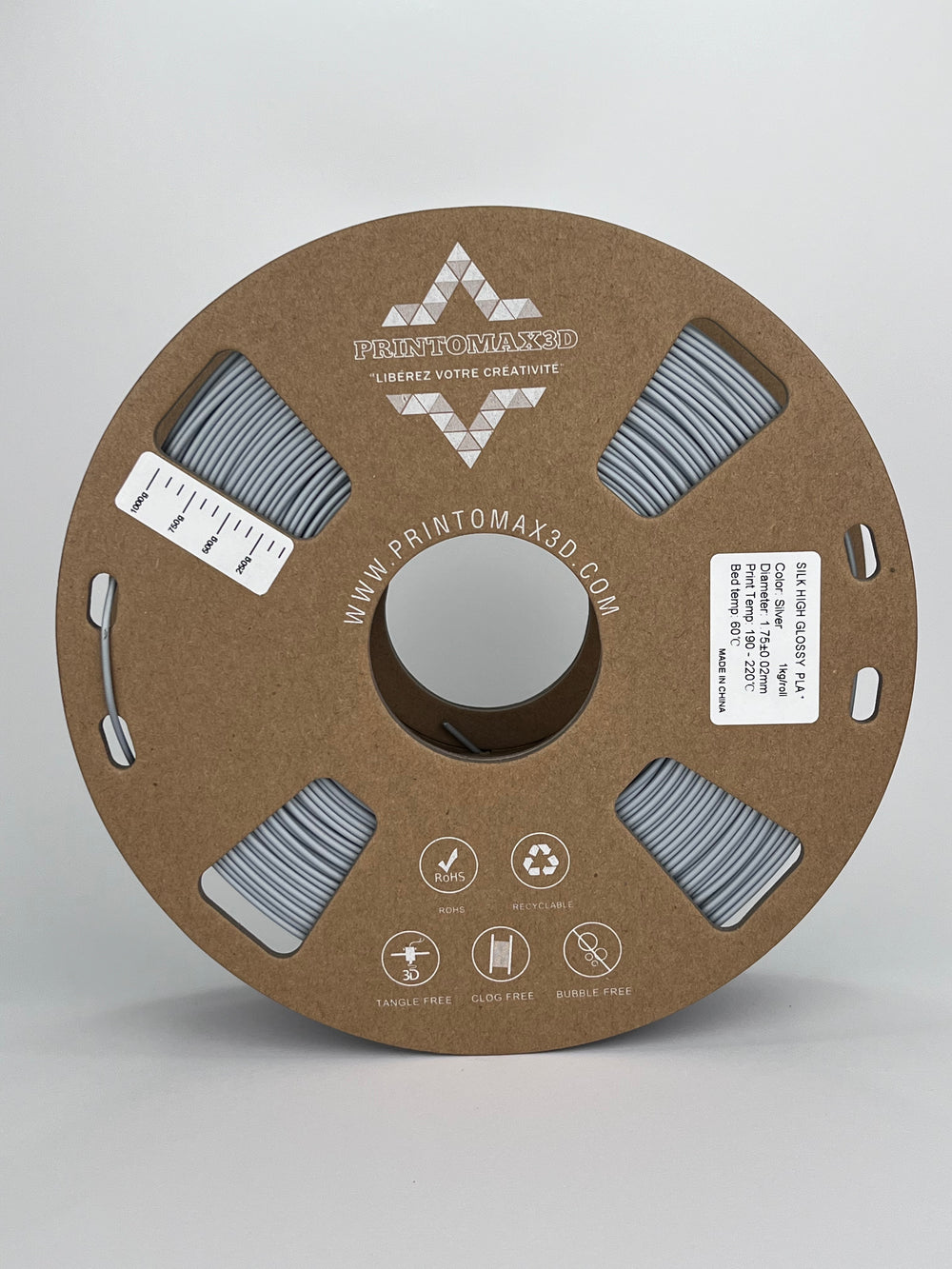 Bobine filament 3D PLA Silk Silver 1kg pour imprimante 1.75mm