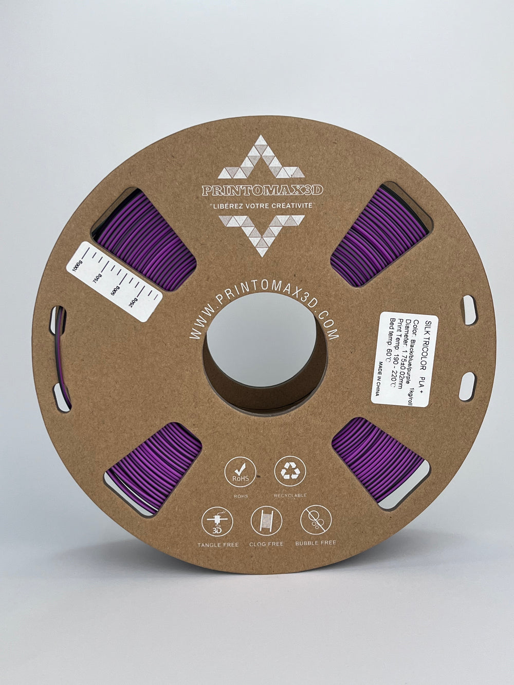 Bobine filament 3D PLA Silk Tricolor Black/Blue/Purple 1kg pour imprimante 1.75mm