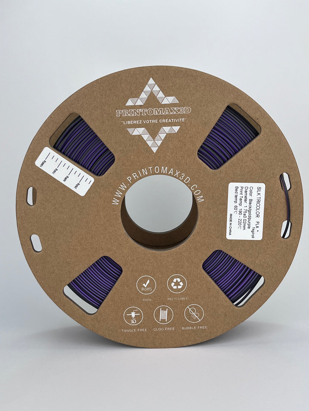 Bobine filament 3D PLA Silk Tricolor Black/Gold/Purple 1kg pour imprimante 1.75mm