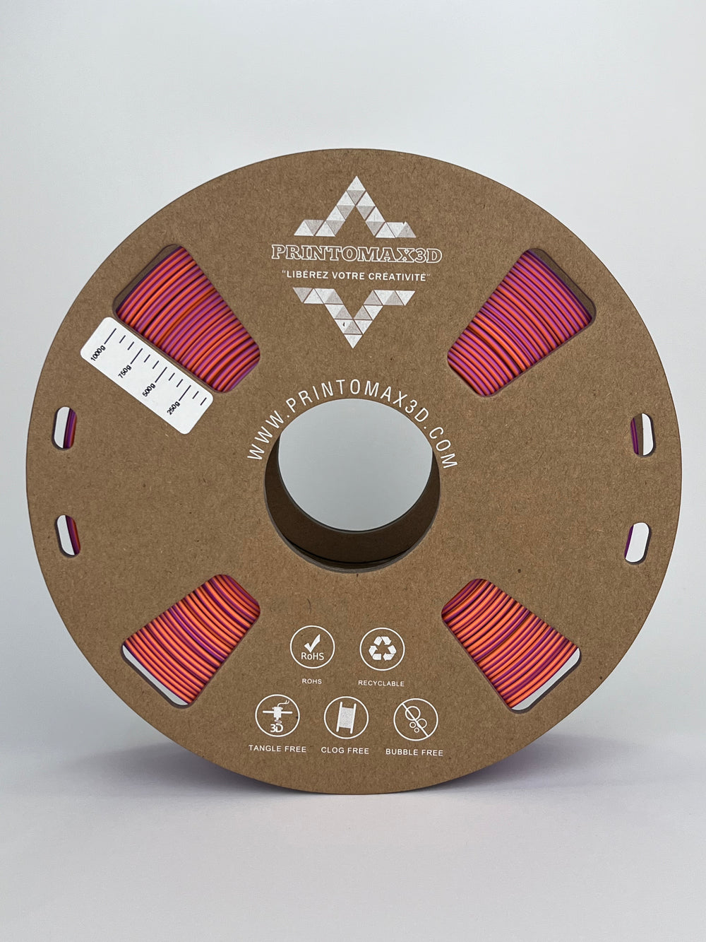 Bobine filament 3D PLA Silk Tricolor Blue/Purple/Orange 1kg pour imprimante 1.75mm