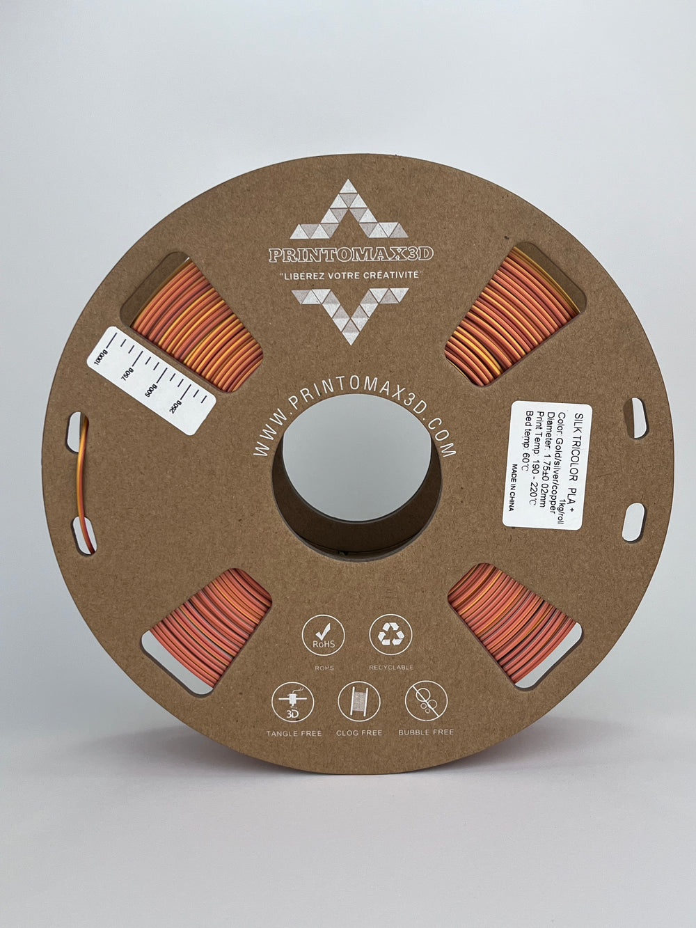 Bobine filament 3D PLA Silk Tricolor Gold/Silver/Copper 1kg pour imprimante 1.75mm