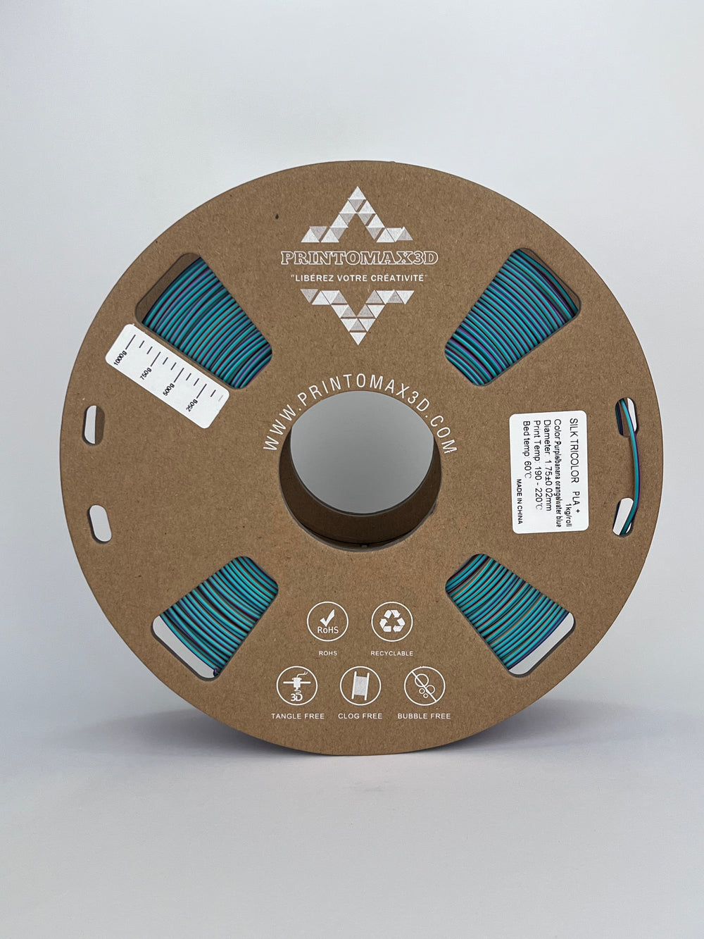 Bobine filament 3D PLA Silk Tricolor Purple/Banana Orange/Water Blue 1kg pour imprimante 1.75mm