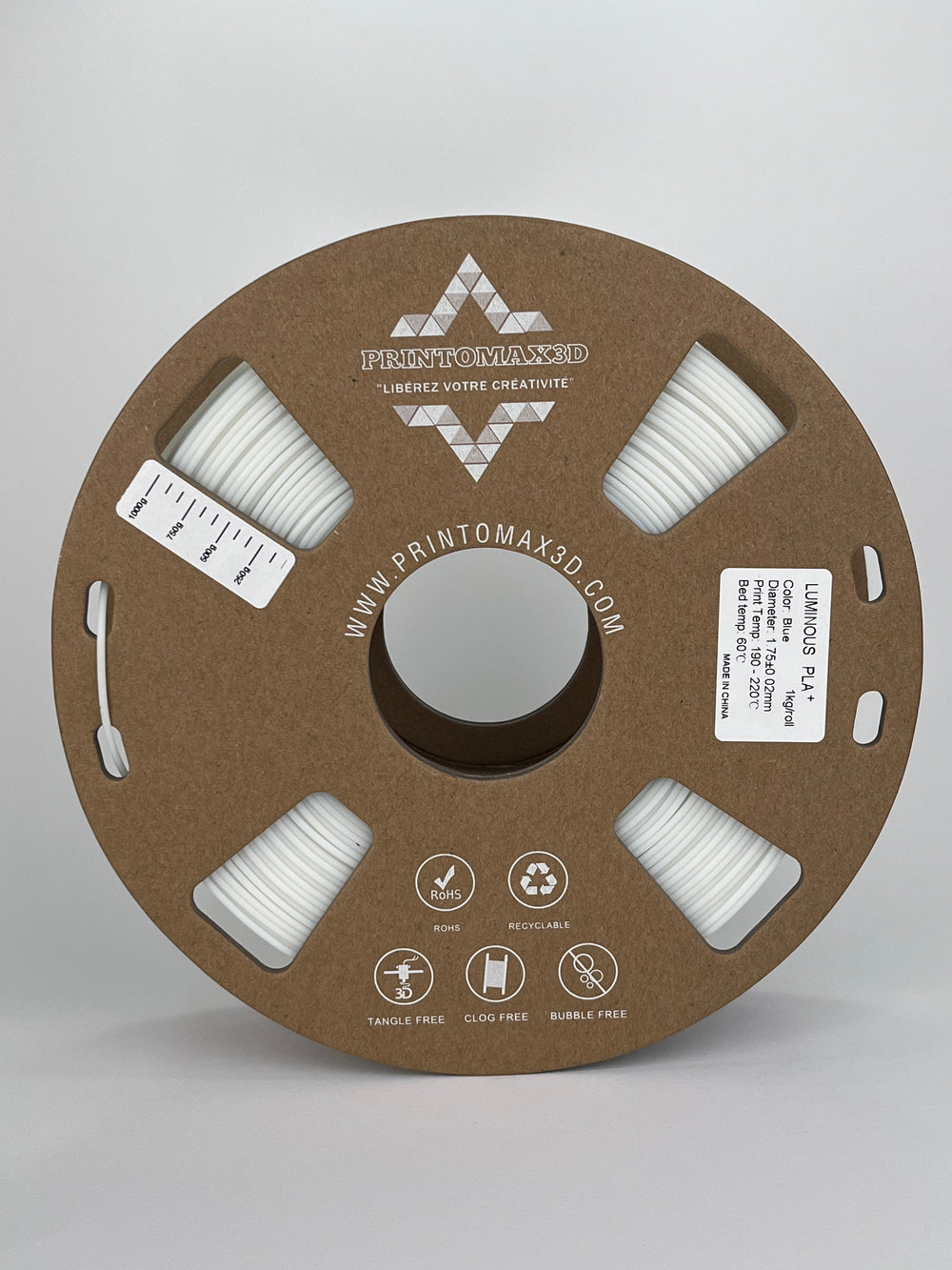 Filament 3D PLA+ Phosphorescent (Glow in the dark) - BLUE - 1.75mm - 1Kg