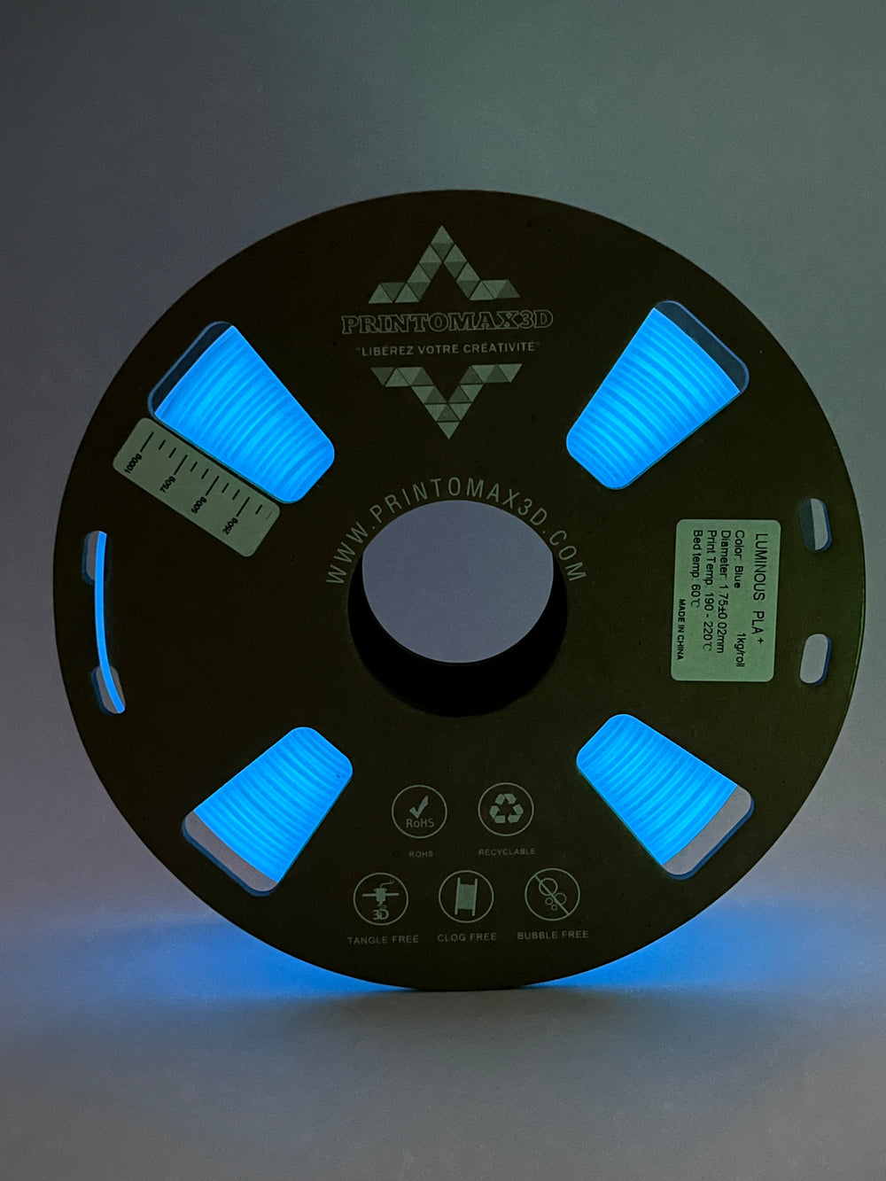 Filament 3D PLA+ Phosphorescent (Glow in the dark) - BLUE - 1.75mm - 1Kg