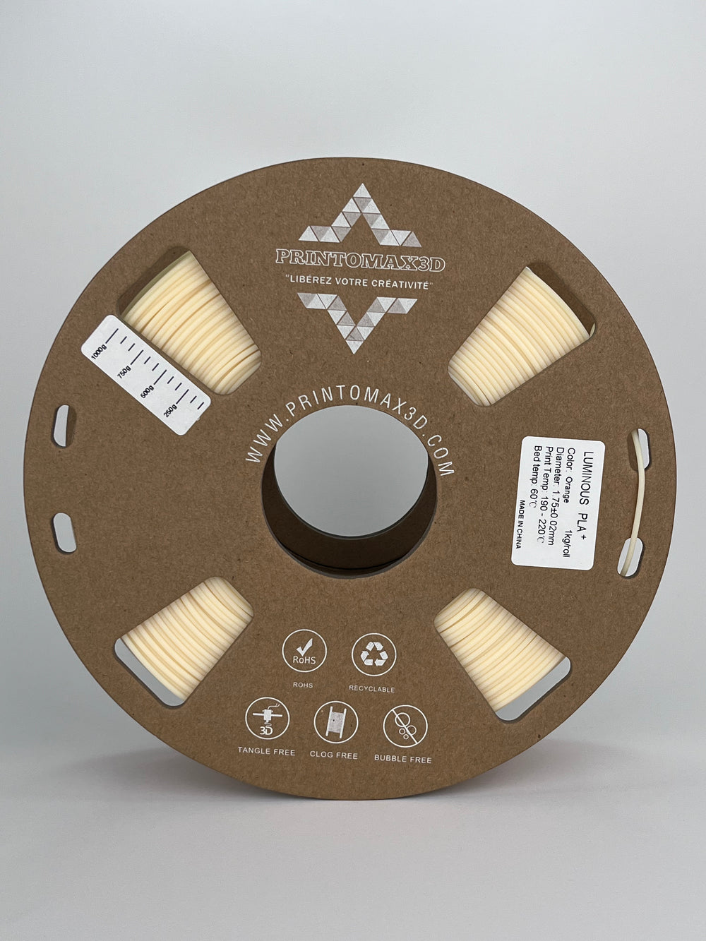 Filament 3D PLA+ Phosphorescent (Glow in the dark) - ORANGE (VERT) - 1.75mm - 1Kg