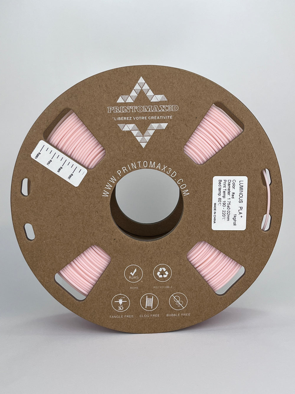 Filament 3D PLA+ Phosphorescent (Glow in the dark) - RED - 1.75mm - 1 KG