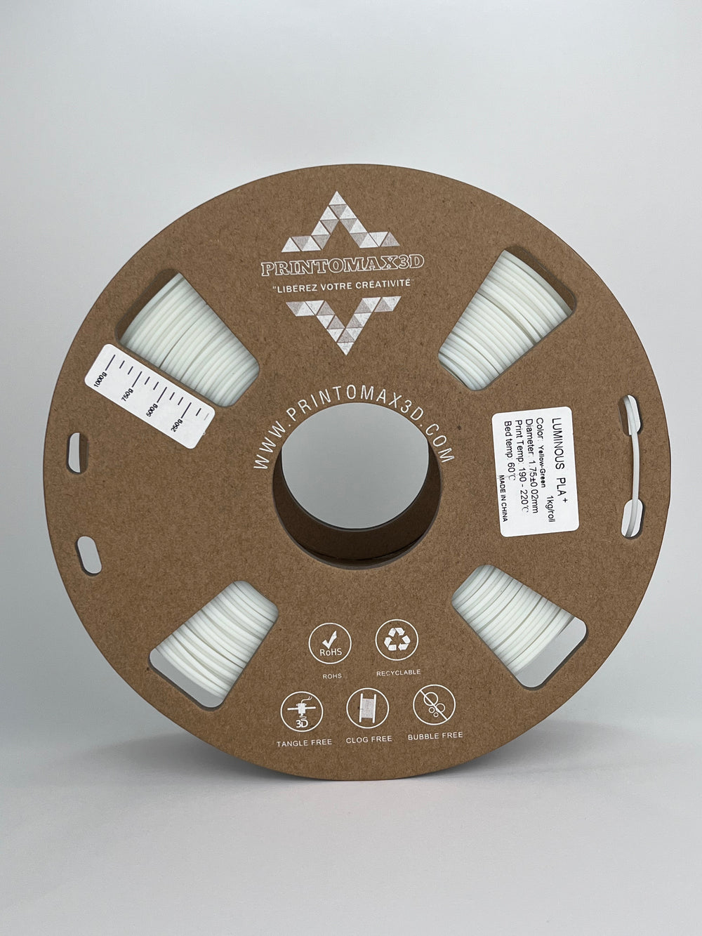 Filament 3D PLA+ Phosphorescent (Glow in the dark) - YELLOW GREEN - 1.75mm - 1 KG