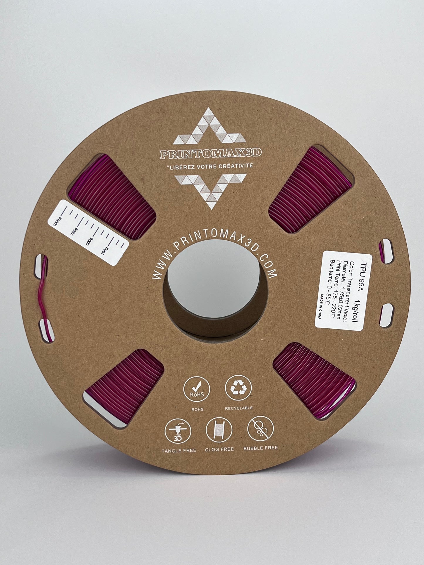 Filament 3D TPU 95A - TRANSPARENT VIOLET - 1.75mm - 1 Kg
